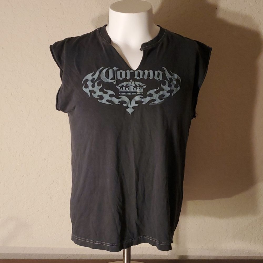 VTG Corona Extra Muscle Tee Gray Large Tribal Gothic Crown Distressed Cut Neck